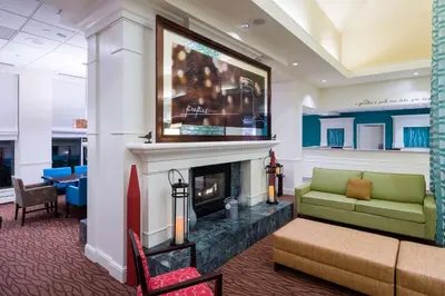 a living room with a fireplace and a couch at Hilton Garden Inn Edison/Raritan Center in Edison