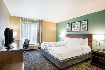 a hotel room with a bed and a television at Sleep Inn & Suites Dunmore in Dunmore