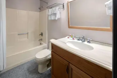 a bathroom with a sink and a toilet and a mirror at Days Inn by Wyndham Wurtsboro in Wurtsboro