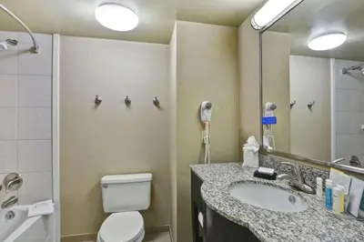 a bathroom with a toilet and a sink and a mirror at Hampton Inn Lewisburg in Lewisburg