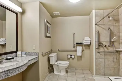 a bathroom with a toilet and a sink and a shower at Hampton Inn Sayre in Sayre