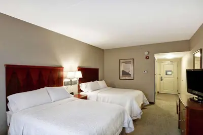 a hotel room with two beds and a flat screen tv at Hampton Inn Sayre in Sayre