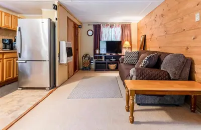 a living room with a couch and a refrigerator at Pocono cabin with hot tub and private pool at Shawnee Mtn in East Stroudsburg