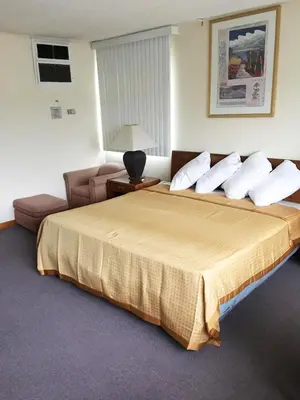 a hotel room with a bed and a couch at Village Motel in Ellenville