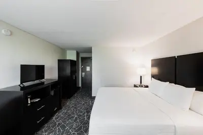 a hotel room with a large bed and a desk at Garden Executive Hotel in South Plainfield