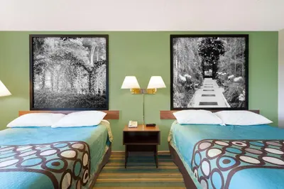 two beds in a room with green walls at Super 8 by Wyndham Harrisburg Hershey West in Harrisburg