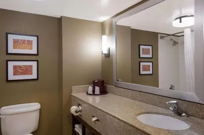 a bathroom with a toilet and a sink and a mirror at Comfort Suites Near University in North Brunswick