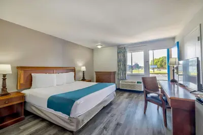 a bedroom with a bed and a desk and a window at Motel 6 Harrisburg PA Near PA Expo Center in Harrisburg