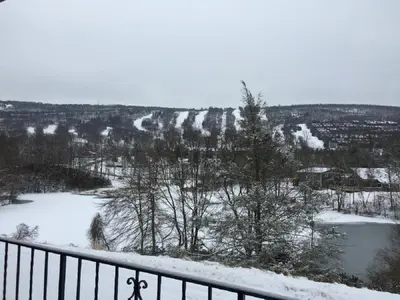 a view of a snow covered valley with a river at Chateau Resort & Conference Center in Tannersville
