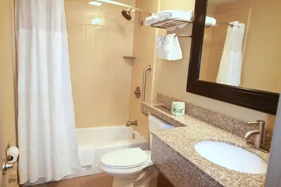 a bathroom with a sink and a toilet and a tub at Travel Inn & Suites Flemington in Flemington