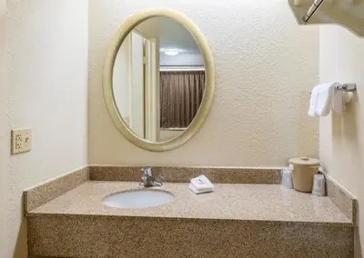 a bathroom with a sink and a mirror at Red Roof Inn Harrisburg - Hershey in Harrisburg