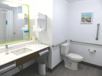 a bathroom with a sink and a toilet and a mirror at Hampton Inn By Hilton Paramus in Paramus