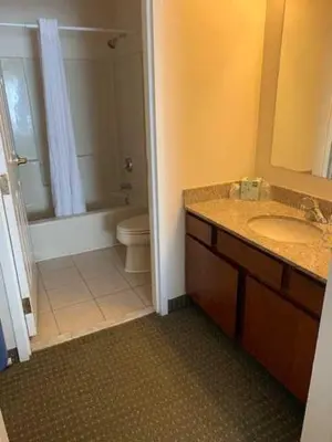 a bathroom with a sink and a toilet and a shower at Host Inn an All Suites Hotel in Wilkes-Barre