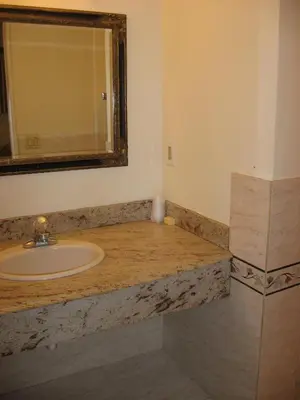 a bathroom with a sink and a mirror at Domino Inn in North Bergen