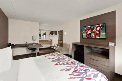 a hotel room with a bedroom with a bed and a desk at Red Roof Inn Binghamton - Johnson City in Binghamton