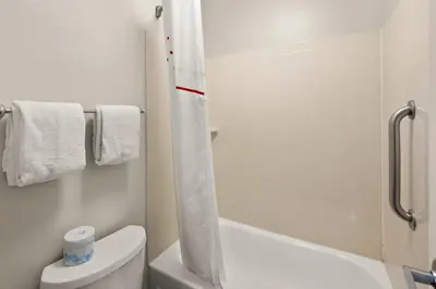 a bathroom with a white toilet and a shower at Red Roof Inn Binghamton - Johnson City in Binghamton