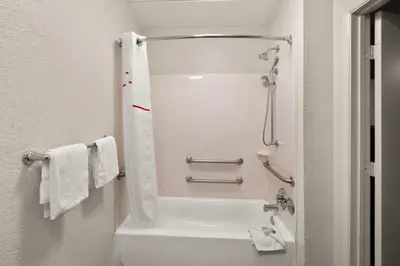 a bathroom with a shower and a toilet with towels at Red Roof Inn Binghamton - Johnson City in Binghamton