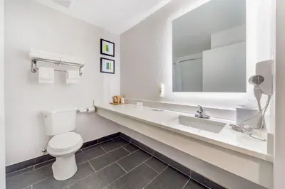 a bathroom with a toilet and a sink and a mirror at Quality Inn & Suites NJ State Capital Area in Morrisville