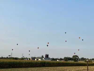 a bunch of kites flying in the sky over a field at Scottish Inns Ronks in Ronks