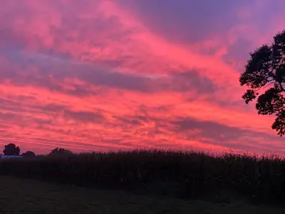 a red cloudy sky with a field and trees at Scottish Inns Ronks in Ronks