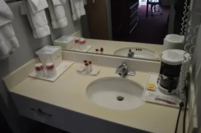 a bathroom counter with a sink and a mirror at Red Carpet Inn & Suites in Hazleton