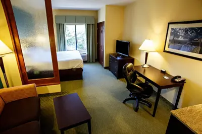 a hotel room with a bed and a desk with a chair at Holiday Inn Express & Suites Harrisburg West in Mechanicsburg