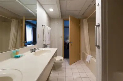 a bathroom with a white sink and a toilet at Villa Roma Resort and Conference Center in Callicoon