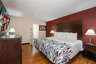 a hotel room with a large bed and red walls at Red Roof Inn Freehold in Freehold