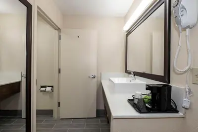 a bathroom with a sink and a mirror at Red Roof Inn Freehold in Freehold