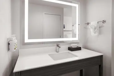 a bathroom with a white sink and a mirror at Ramada by Wyndham York Harrisburg Hershey in York