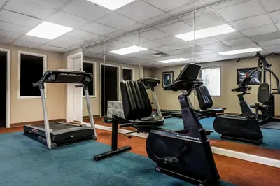 a gym with treadmills and ellipticals in a room at Quality Inn & Suites Binghamton Vestal in Binghamton