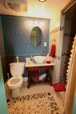 a bathroom with a toilet and a sink and a mirror at Alpenhof Bed & Breakfast in Media