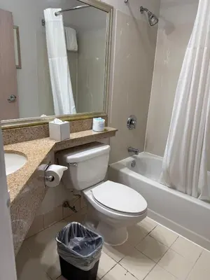 a bathroom with a toilet and a sink and a tub at Quality Inn Newark - Wilmington in Newark