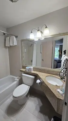 a bathroom with a toilet and a sink and a mirror at Quality Inn Newark - Wilmington in Newark