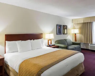 a hotel room with a large bed and a chair at Clarion Hotel Somerset - New Brunswick in Somerset