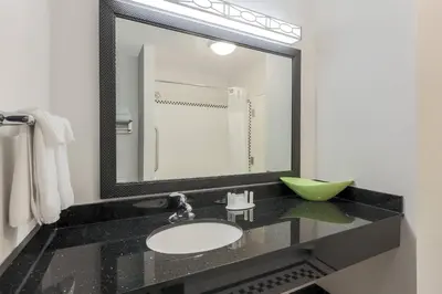 a bathroom with a sink and a large mirror at Fairfield Inn & Suites by Marriott Mahwah in Mahwah