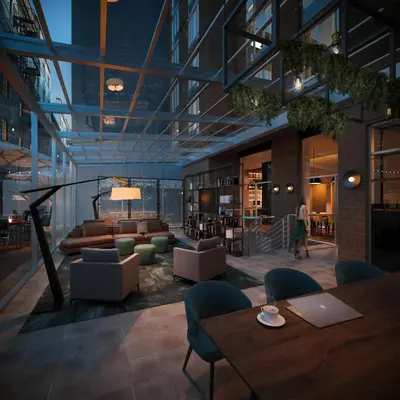 a rendering of the lobby of a building at voco Times Square South New York by IHG in New York