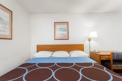 a bed in a room with a desk and a bed sidx sidx sidx at Super 8 by Wyndham Sidney NY in Sidney