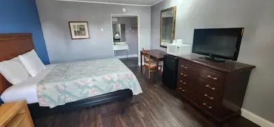 a bedroom with a bed and a flat screen tv at Budget Inn Horseheads in Horseheads