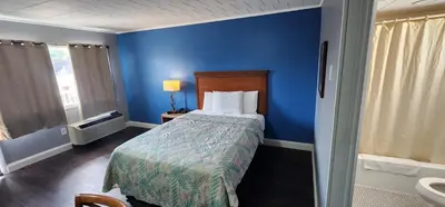 a blue room with a bed and a sink at Budget Inn Horseheads in Horseheads