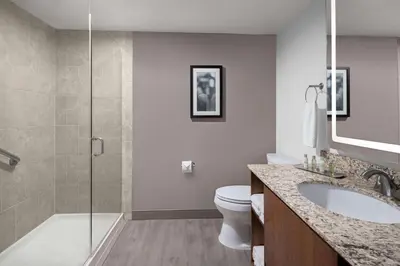 a bathroom with a shower and a toilet and a sink at The Alloy, a DoubleTree by Hilton - Valley Forge in King of Prussia