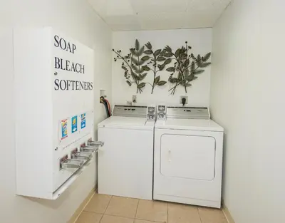 a white laundry room with a washer and dryer at Red Roof Inn Binghamton North in Binghamton