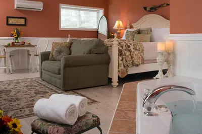 a bedroom with a bed and a couch and a sink at 1825 Inn Bed and Breakfast in Palmyra