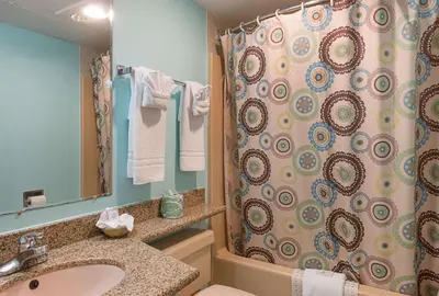 a bathroom with a sink and a shower curtain at Rodeway Inn Milford - I-84 in Milford