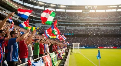 a group of people waving flags at a soccer game at Holiday Inn Newark International Airport in Newark