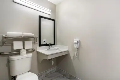a bathroom with a toilet and a sink and a mirror at Red Roof Inn Denver in Denver