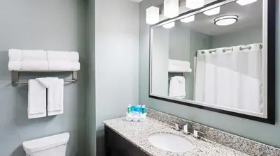 a bathroom with a sink and a mirror at Holiday Inn Express and Suites Stroudsburg-Poconos by IHG in Stroudsburg