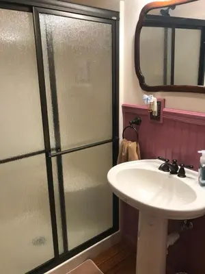 a bathroom with a sink and a shower at Carriage Stop Bed & Breakfast in Palmyra
