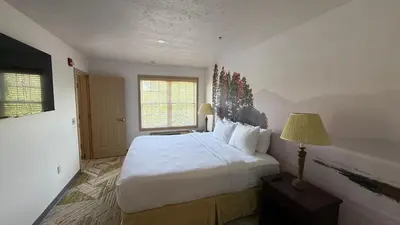 a bedroom with a large white bed and a window at Split Rock Resort in Lake Harmony
