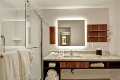 a bathroom with a sink and a shower at Hilton Garden Inn Princeton Lawrenceville in Lawrenceville